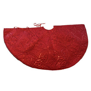 RIDGEFIELD HOME CHRISTMAS TREE SKIRT RED Sequined Quilted TieTab Xmas Tree Skirt
